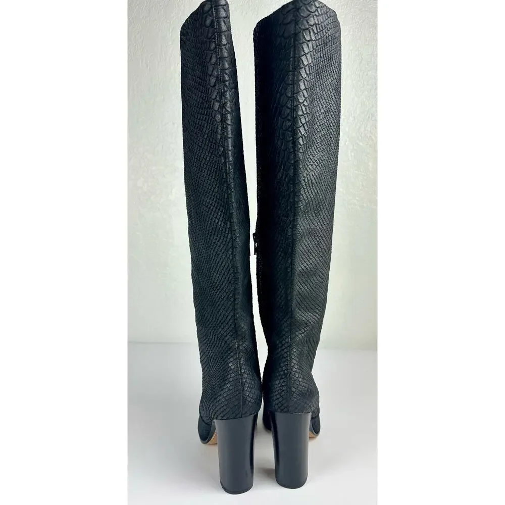 Michael Kors Black Crocodile Embossed Leather Knee High Block Heel Boots Size 8
